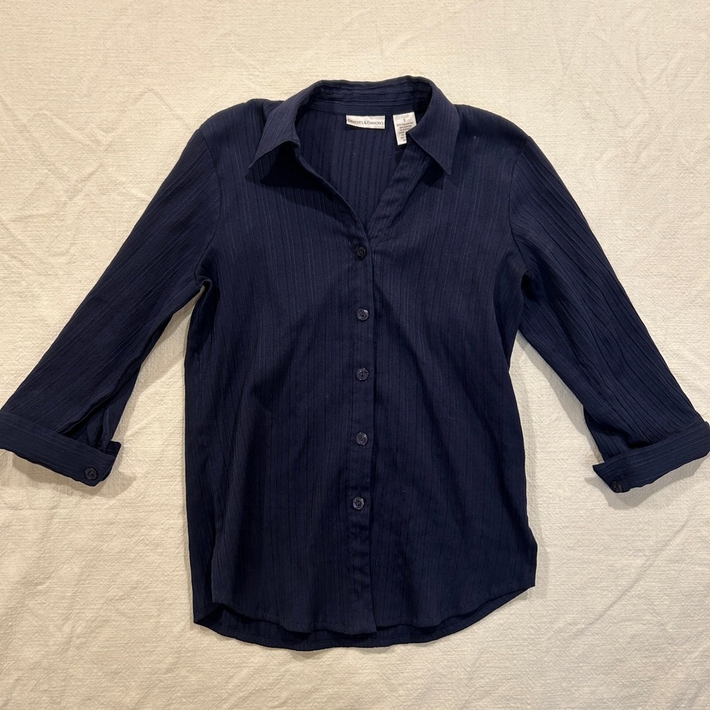 Women's Drapers & Damons Navy Blue Ribbed Button Down Shirt 3/4 Sleeve Small